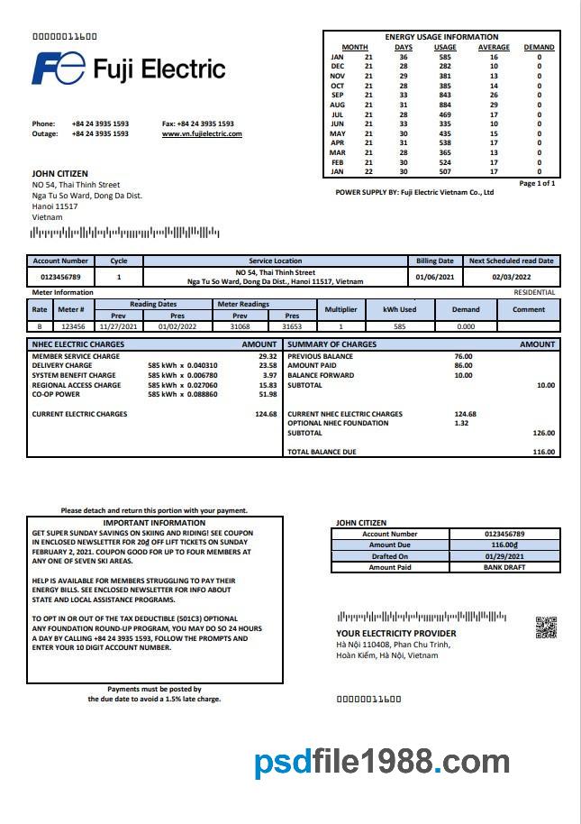 Vietnam Fuji Electric Vietnam Co. Utility Bill